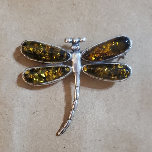 Sterling Silver Dragonfly Brooch with Amber Wings - Picture 1 of 5